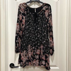 Free People Dress Small Black Multi Floral Print Boho Babydoll
